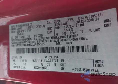 2020 Ford Ranger Xlt from USA, damaged, VIN 1FTER4EH5LLA65561